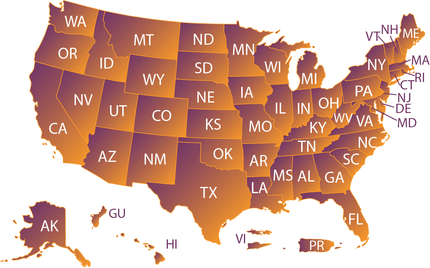 Map of the United States with Guam, Puerto Rico, and Virgin Island with a purple/orange gradient