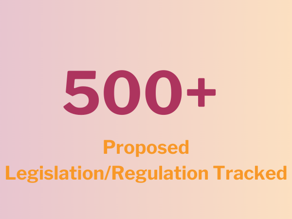 500+ proposed legislation/regulation tracked with orange/maroon gradient